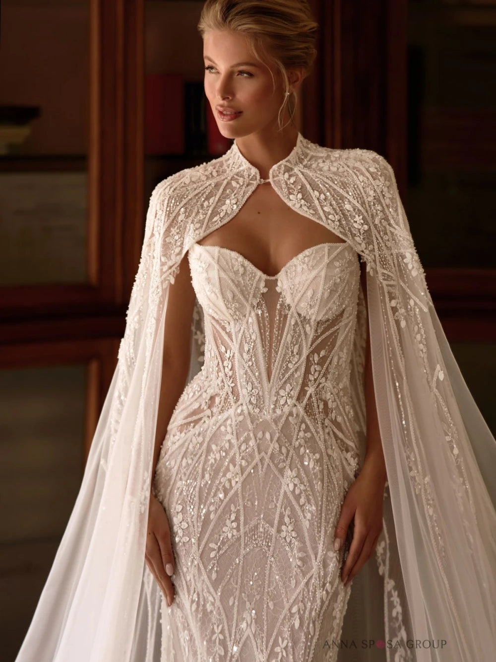 Luxury Beaded Lace Mermaid Wedding Dress With Cape And Illusion Neckline