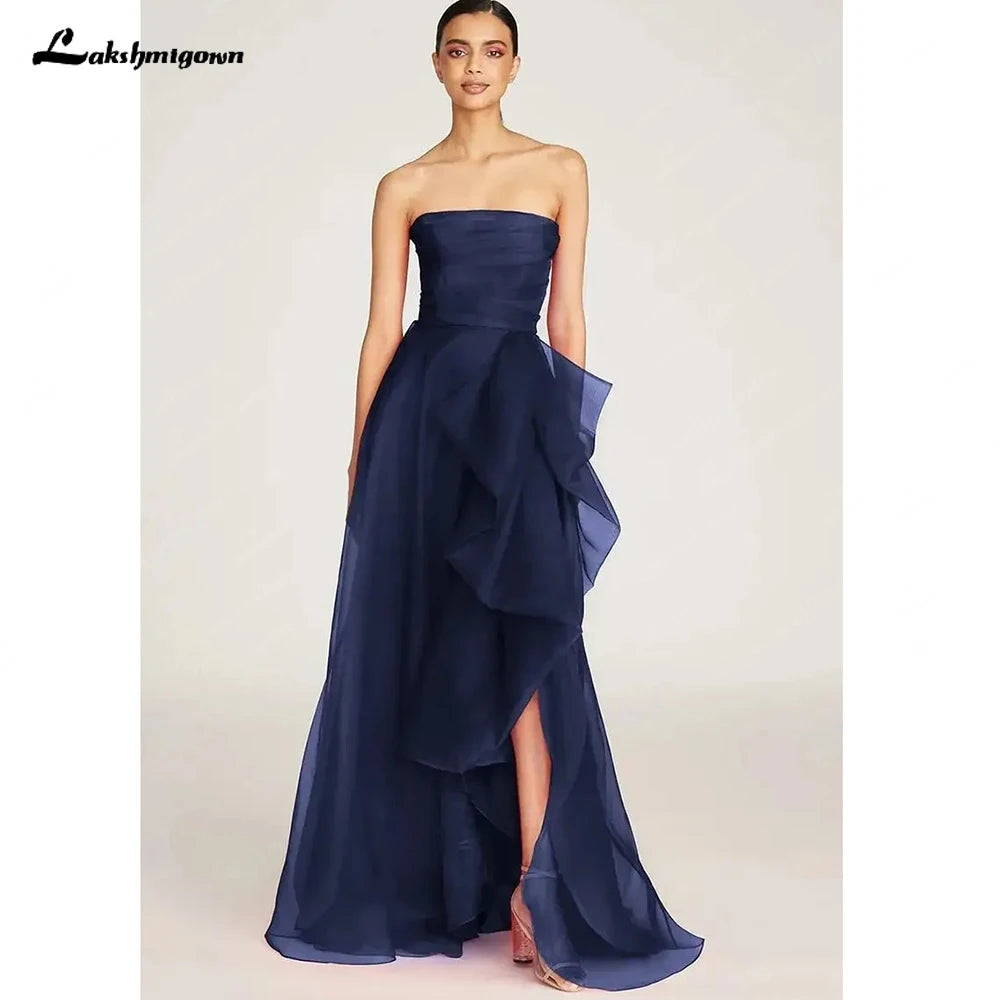 Navy Blue Organza Strapless Aline Side Split Prom Dress Custom Made