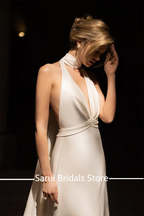 Elegant Satin Halter Mermaid Wedding Dress Backless Deep V Neck Gown