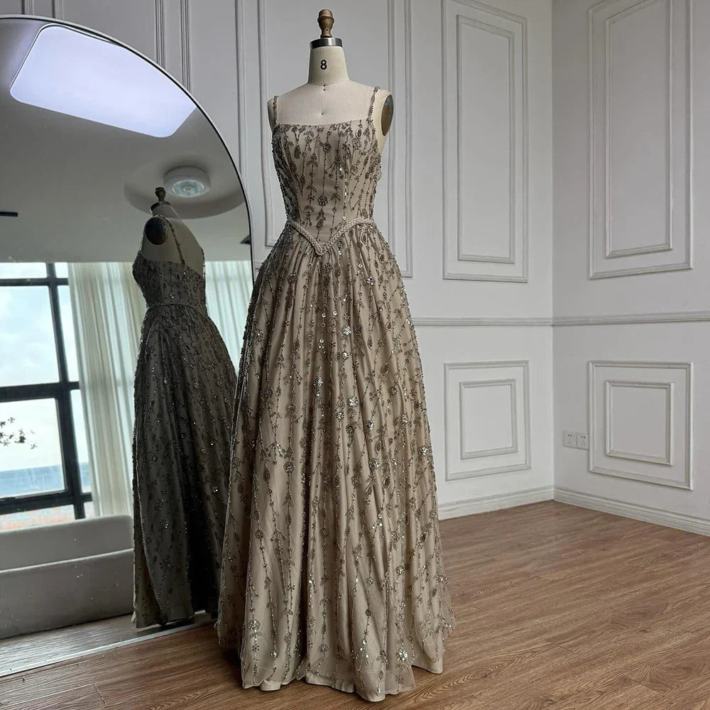 Luxury Sage Green Beaded A-Line Spaghetti Strap Evening Dress LA72805