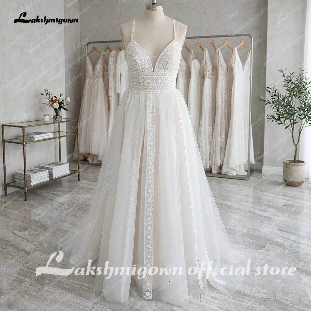 Custom Lace V Neck Boho Spaghetti Strap Beach Wedding Gown