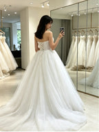 Ivory Lace Satin Corset Strapless Ball Gown Wedding Dress
