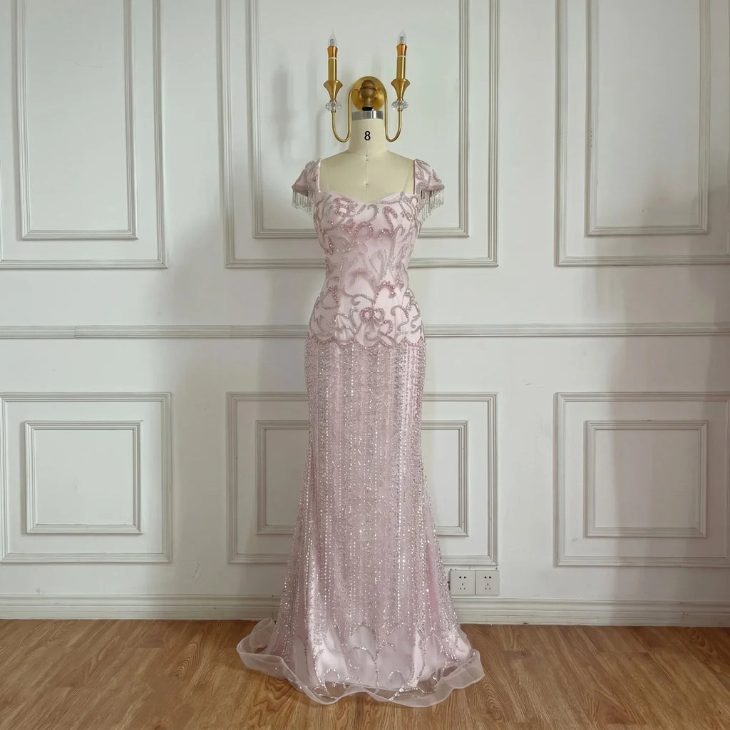 Pink Mermaid Beaded Evening Gown Customized Arabic Wedding Dress