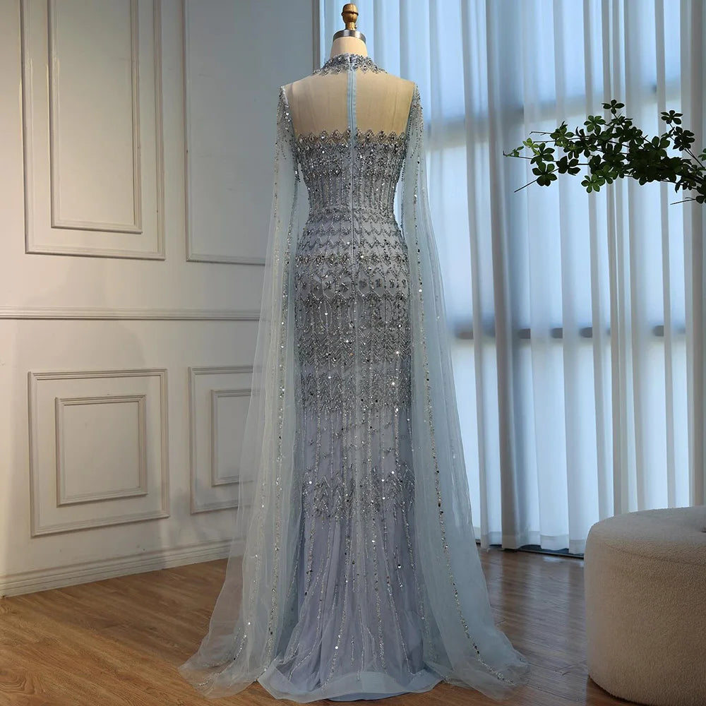 Blue Beaded Evening Dress With Cape Sleeves Custom Formal Gown For Women