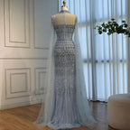 Blue Beaded Evening Dress With Cape Sleeves Custom Formal Gown For Women