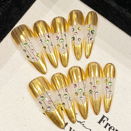 10 uñas postizas doradas hechas a mano, ligeras y lujosas, con diseños de diamantes brillantes, parches de uñas postizas almendradas largas desmontables. 