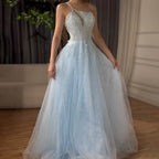 Serene Hill  Blue Spaghetti Strap A Line One Shoulder Prom Dress 2025 LA72589