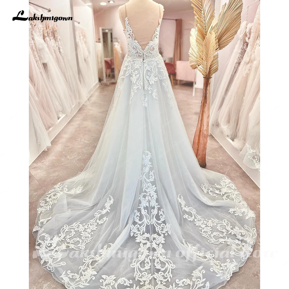Plunging V Neck Lace A-Line Wedding Dress Custom Made Bridal Gown