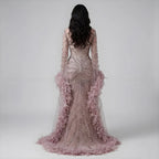 Pink Beaded Mermaid Evening Gown With Feathers Luxury Custom Dress