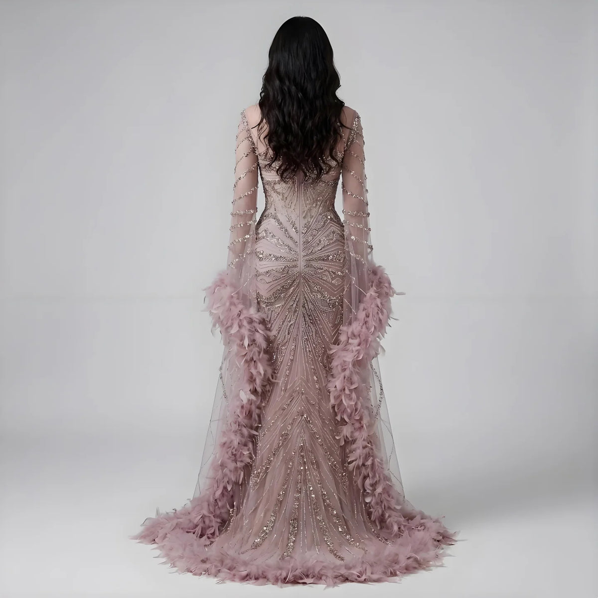 Pink Beaded Mermaid Evening Gown With Feathers Luxury Custom Dress