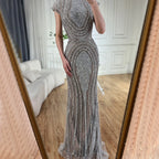 Custom Gray Beaded Mermaid Luxury Evening Gown With Cap Sleeves