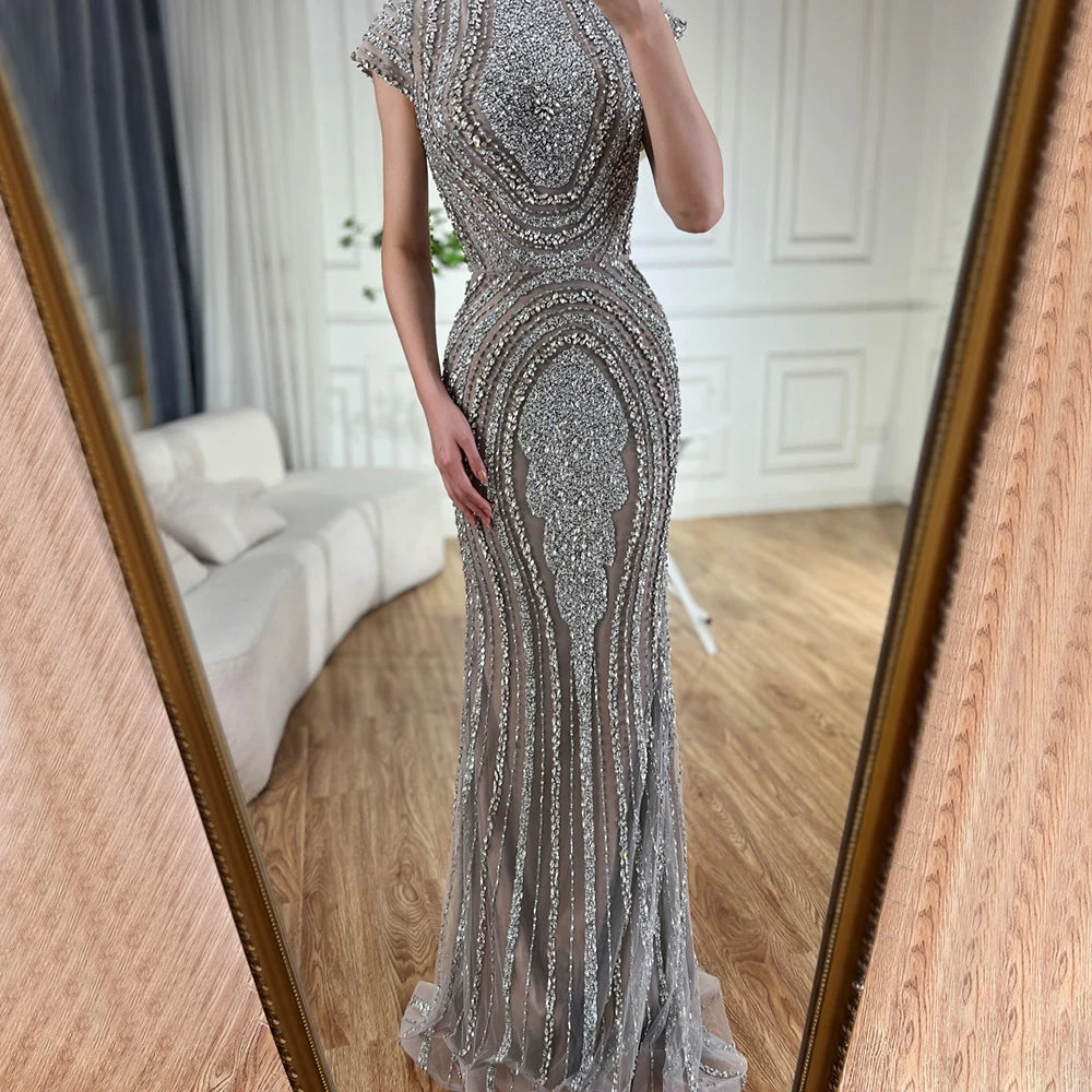 Custom Gray Beaded Mermaid Luxury Evening Gown With Cap Sleeves