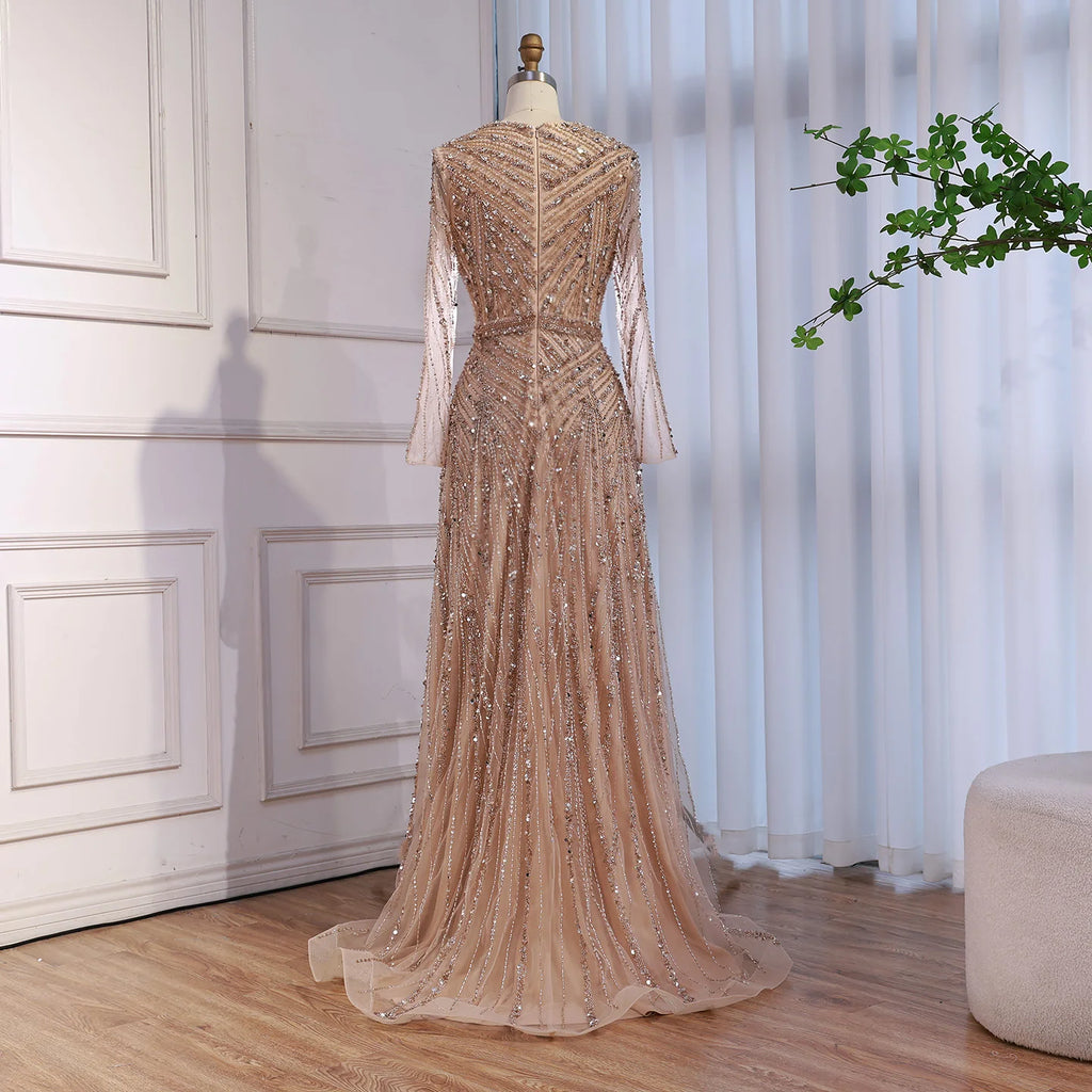 Custom Nude Crew Neck Beaded A Line Evening Dress For Women