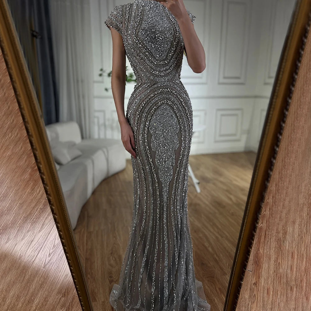 Custom Gray Beaded Mermaid Luxury Evening Gown With Cap Sleeves