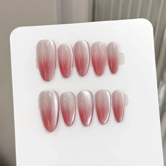 10 parches de uñas postizas con degradado de rubor, estilo ojo de gato, almendra, estilo francés, hechos a mano, para manicura sencilla DIY. 