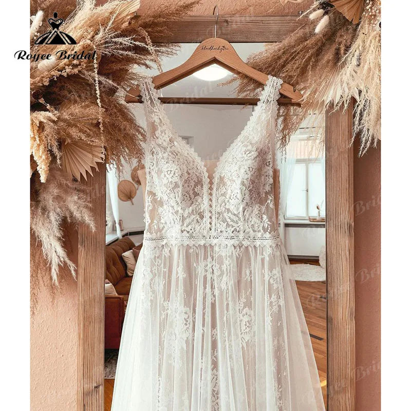 Custom Boho V Neck Lace Wedding Dress Backless Beach Bridal Gown