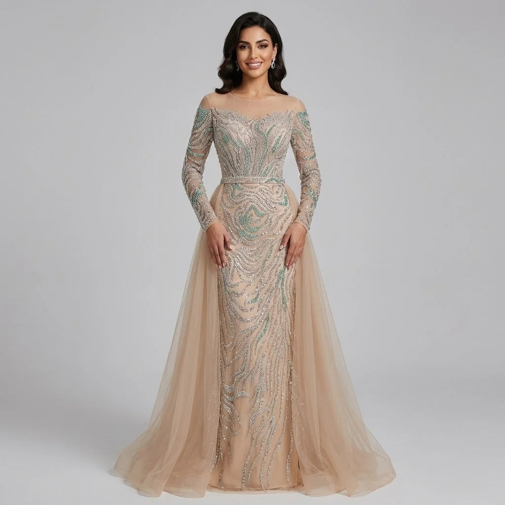 Serene Hill Nude Mermaid Long Sleeve Beaded Evening Dress For Women