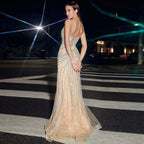 Luxury Nude Pink Crystal Tassel Mermaid Evening Dress LA72772