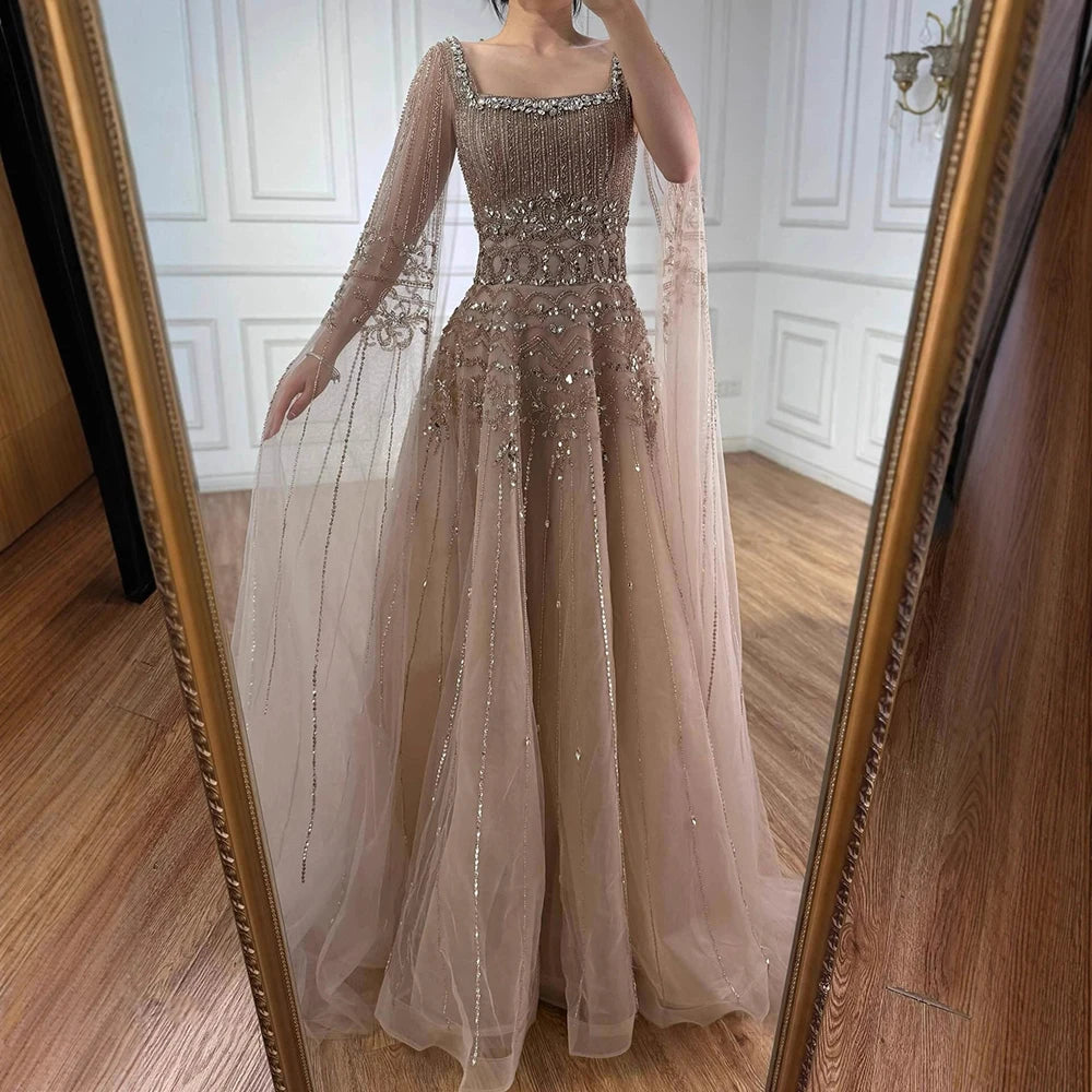 Red A Line Beaded Evening Dress For Women Cape Sleeve Custom Party Gown