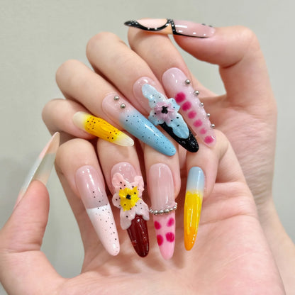 10 uñas postizas de verano hechas a mano con diseño de dopamina, talladas a mano en hielo, con diseño de nenúfar grande, uñas postizas francesas largas y almendradas de colores. 