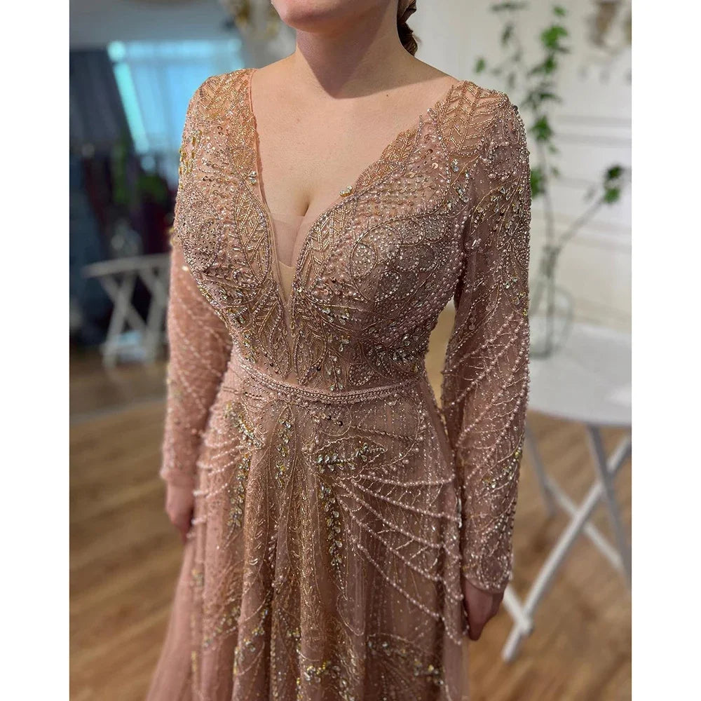 Custom Rose Gold Long Sleeves A Line Beaded Evening Mother Of The Bride Dress