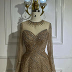 Custom Caramel Evening Prom Dress Long Sleeves A Line Muslim Gown