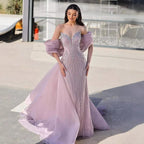 Custom Pink Mermaid Beaded Evening Dress For Women With Cape