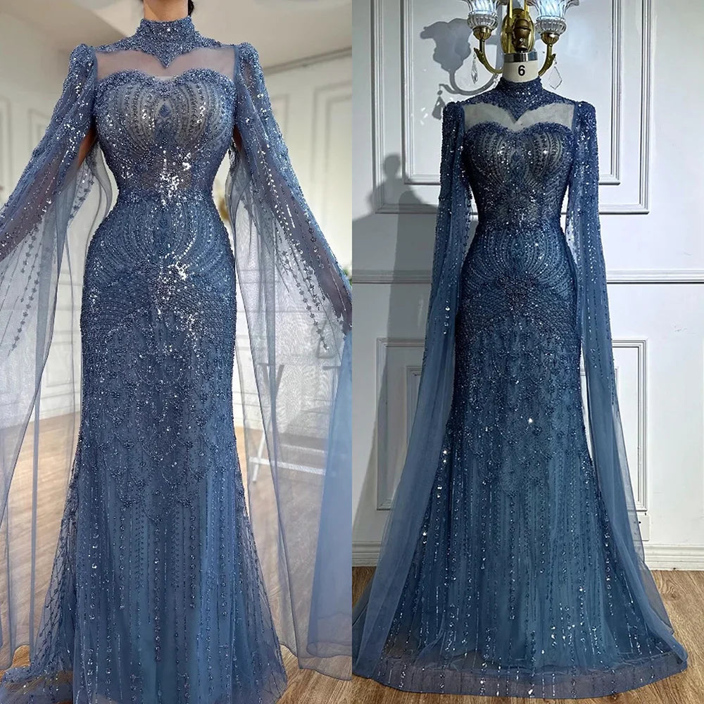 Luxury  Modest Blue Mermaid Evening Dress with Cape LA73006
