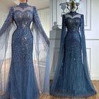 Luxury  Modest Blue Mermaid Evening Dress with Cape LA73006
