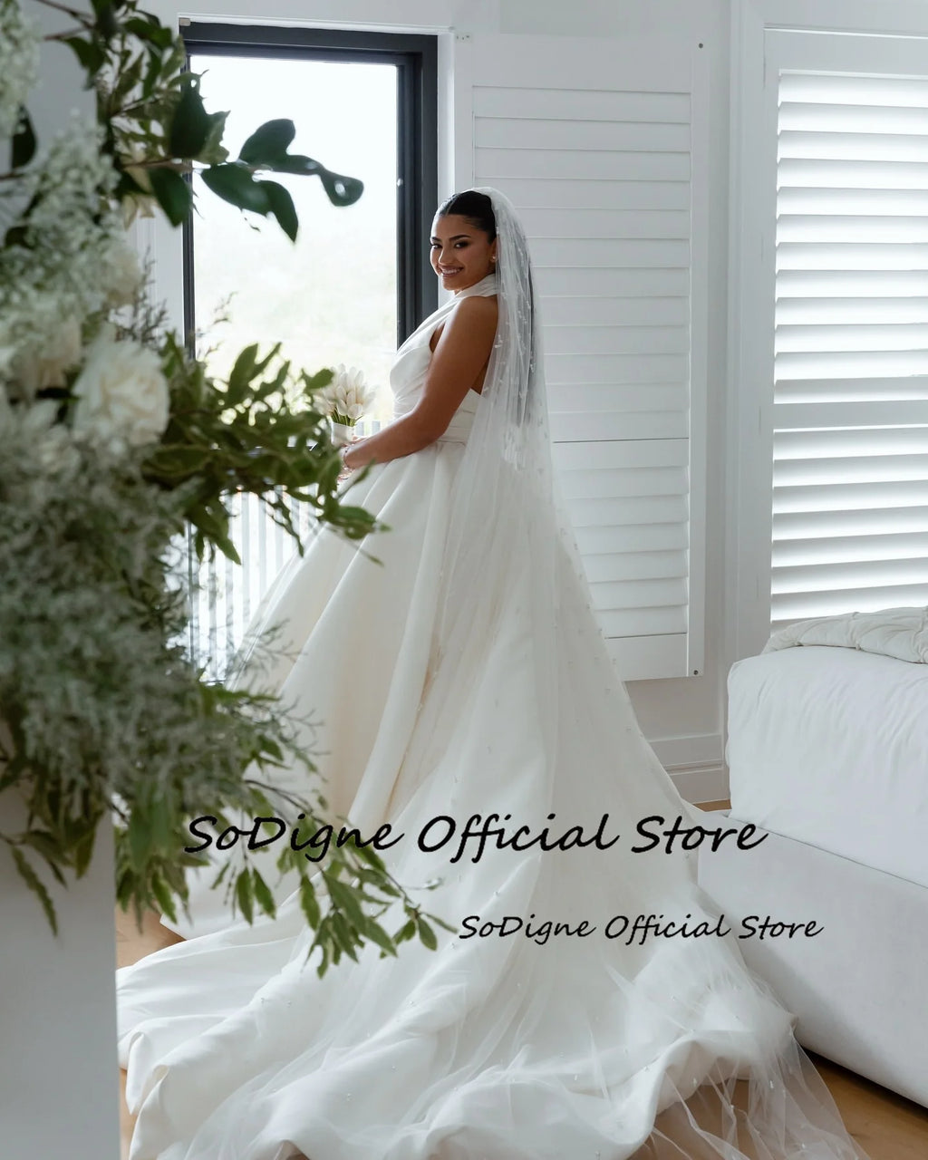 Custom Satin A Line Wedding Dress Sleeveless Halter Bridal Gown Long