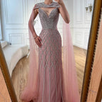 Luxury Nude Beaded Mermaid Evening Dress with Cape LA72814