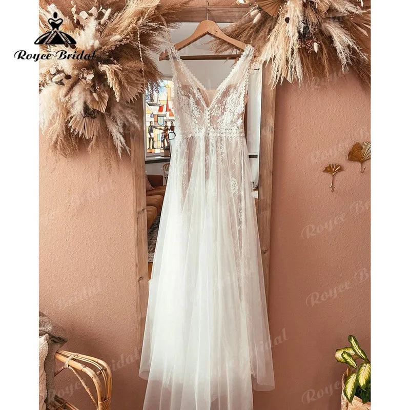 Custom Boho V Neck Lace Wedding Dress Backless Beach Bridal Gown