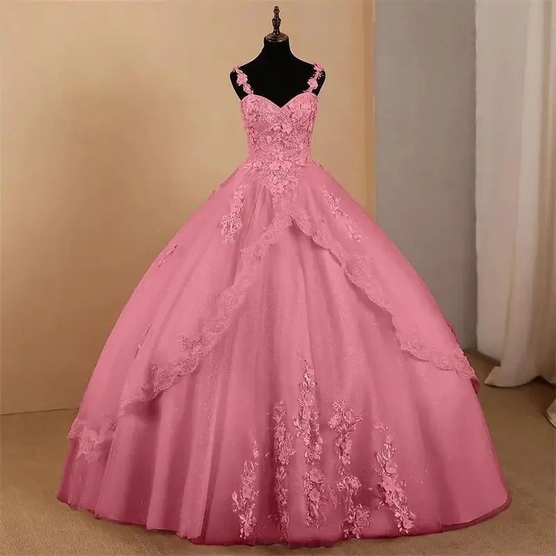Custom Ball Gown Quinceanera Dress Spaghetti Straps Tulle Appliques Evening Gown
