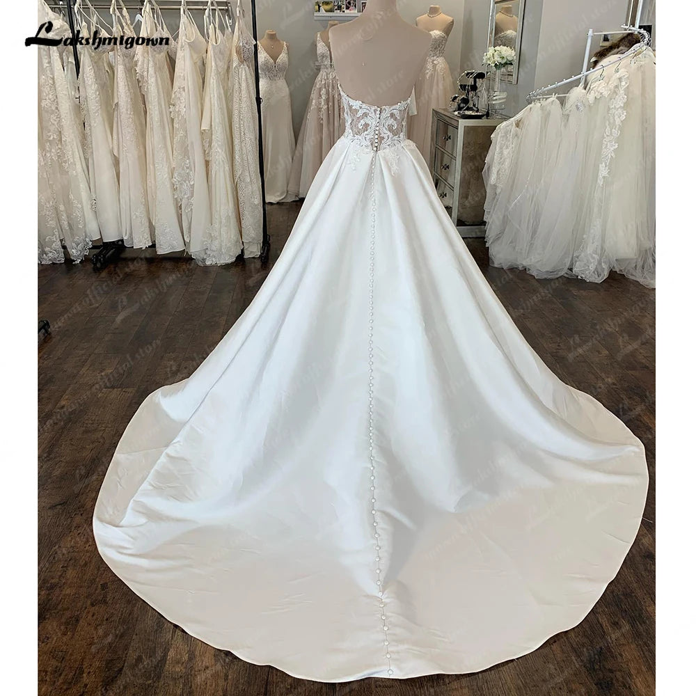 Simple White Satin A Line Wedding Dress Sleeveless Sweetheart Gown