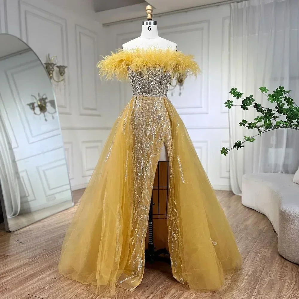 Custom Yellow Feather Beaded Mermaid Evening Dress With Overskirt Side Slit