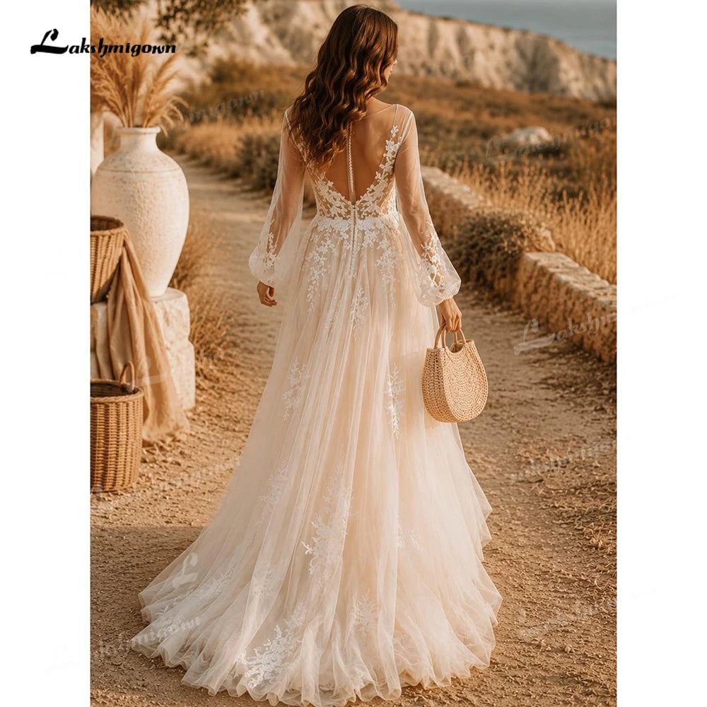 Customized Romantic Puff Long Sleeve Boho Lace Applique Wedding Dress