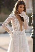 Custom Boho Wedding Dress With Deep V Neck And 3D Floral Lace Appliques