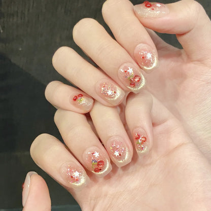 10 uñas postizas de cereza dulce para mujeres y niñas, brillantes, con sonrisa, ojo de gato, Y2k, estrellas, hechas a mano, con rubor suave. 
