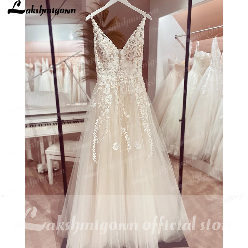 Custom Boho Wedding Dress A Line Open Back V Neck Tulle Lace Bridal Gown