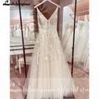 Custom Boho Wedding Dress A Line Open Back V Neck Tulle Lace Bridal Gown