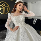 Custom Square Neck Long Sleeve Beaded Train Wedding Bridal Gown