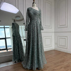 Turquoise Beaded A Line Evening Dress With Long Sleeves For Women Custom