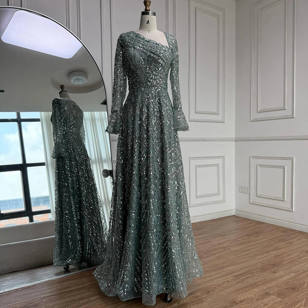 Turquoise Beaded A Line Evening Dress With Long Sleeves For Women Custom