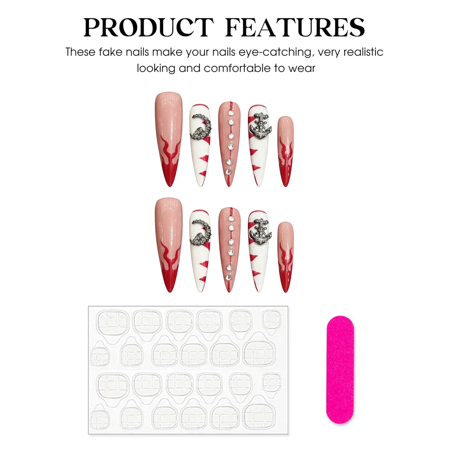 10 uñas postizas largas de aguja, hechas a mano, estilo francés, color rojo, blanco brillante, con purpurina, decoración de diamantes, reutilizables. 