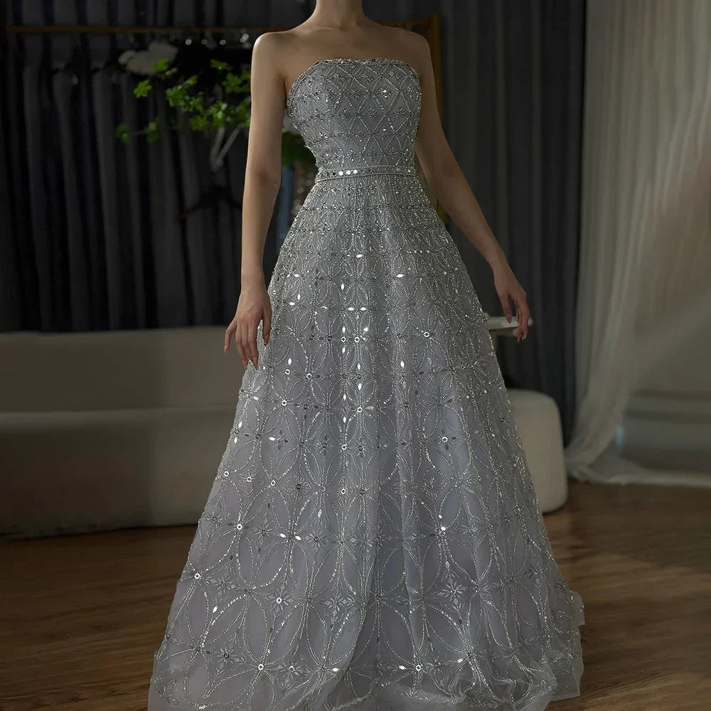 Serene Hill Caramel Strapless Beaded A Line Evening Prom Dress