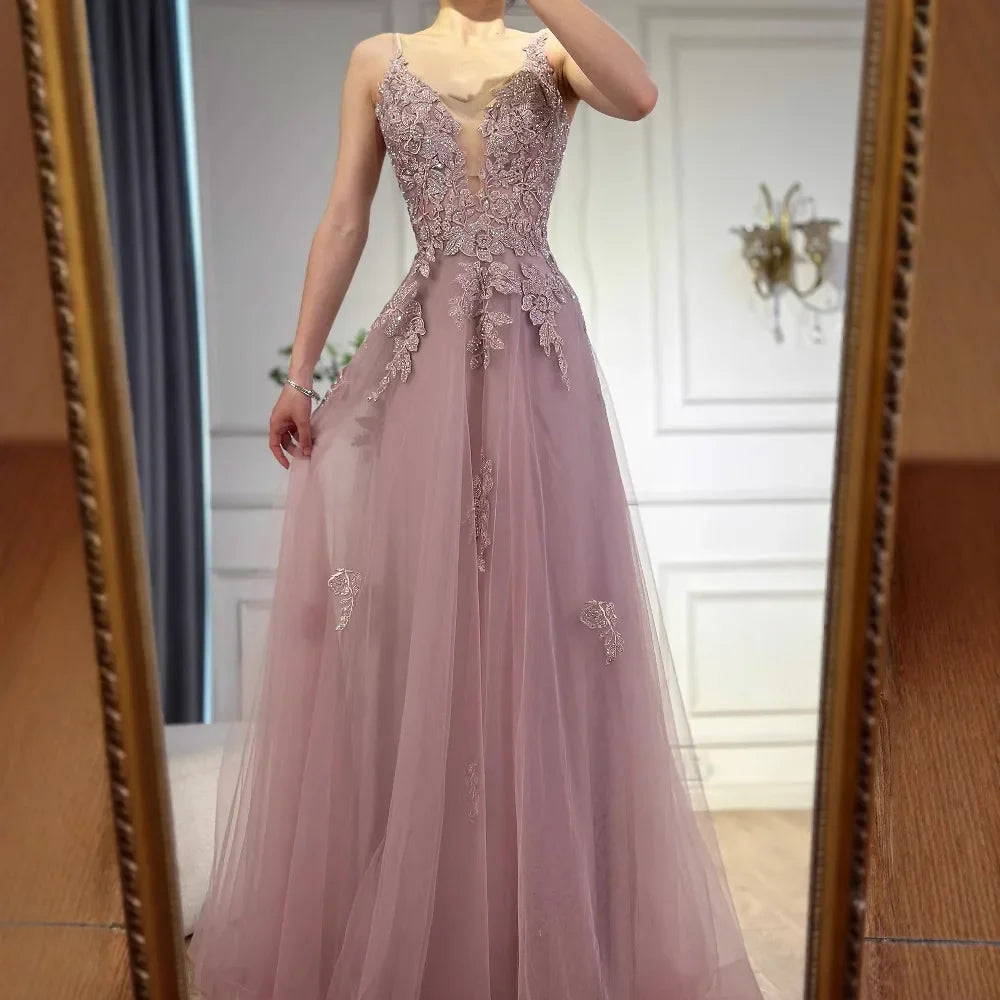 Luxury Sage Green Lace A-Line Prom Dress with Spaghetti Straps LA73005