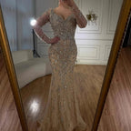 Serene Hill Turquoise Beaded Mermaid Long Sleeve Evening Gown