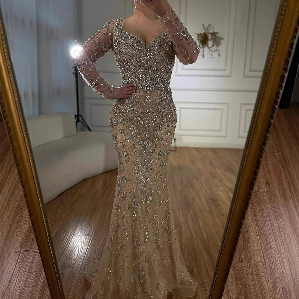 Serene Hill Turquoise Beaded Mermaid Long Sleeve Evening Gown