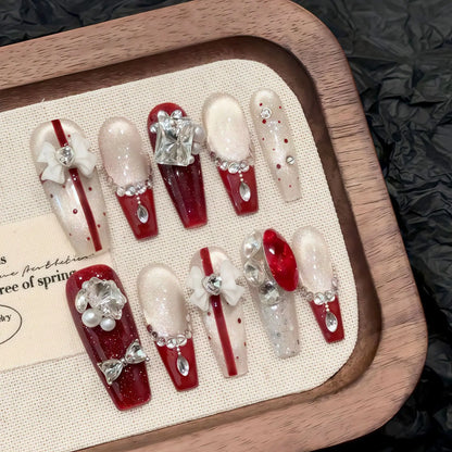 10 uñas postizas para usar, hechas a mano, con forma de ojo de gato, negras, estilo francés, brillantes, con diamantes de imitación, para chica picante. 