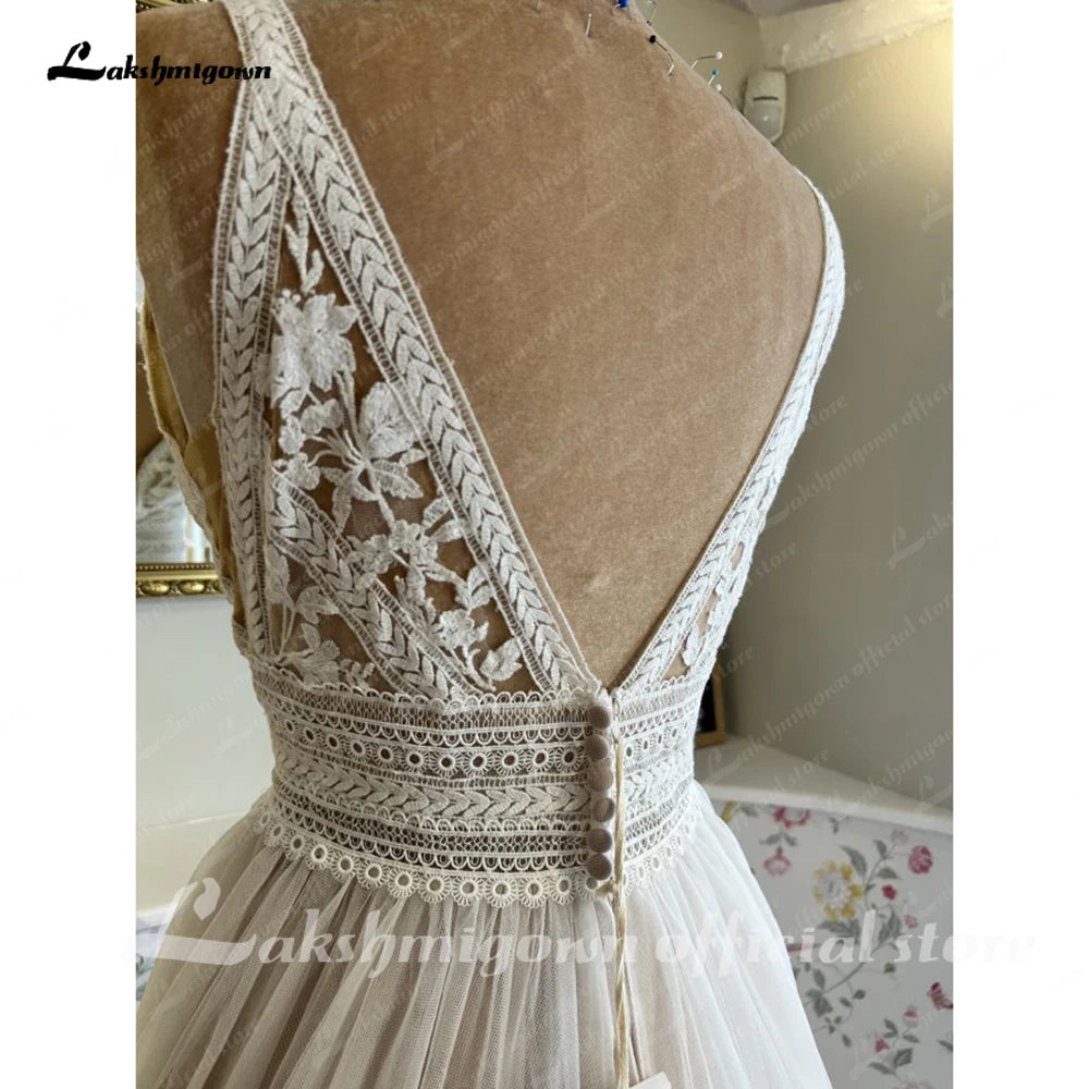 Boho V Neck Lace Appliques Wedding Dress For Women Custom Bridal Gown